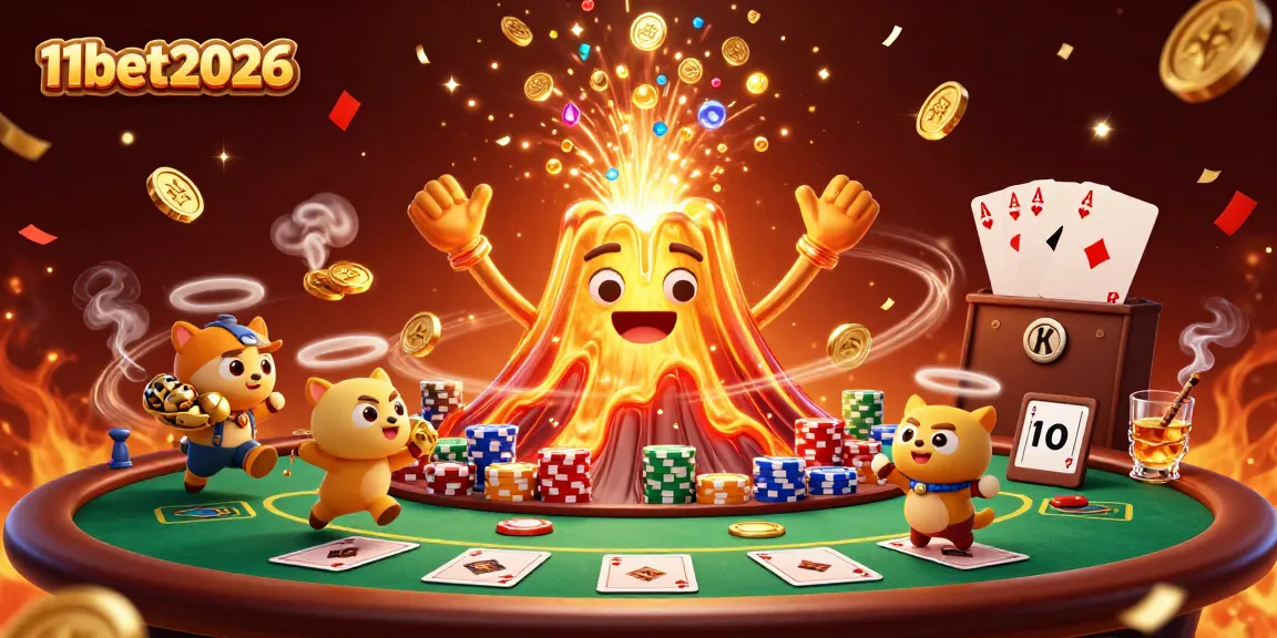 Engage with 11bet2026's thrilling casino scene featuring a volcanic eruption of treasures.