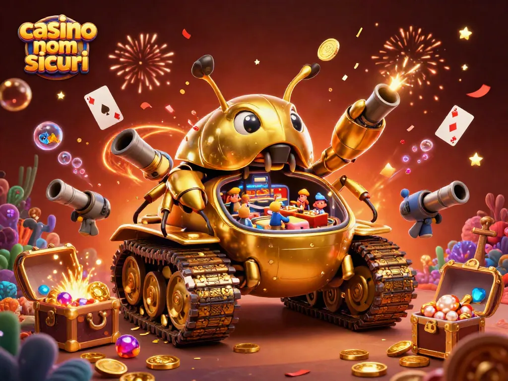 Esplora animato "casino non aams sicuri" con un carro armato dorato e un casinò in miniatura, ricco di dettagli e colori vivaci.