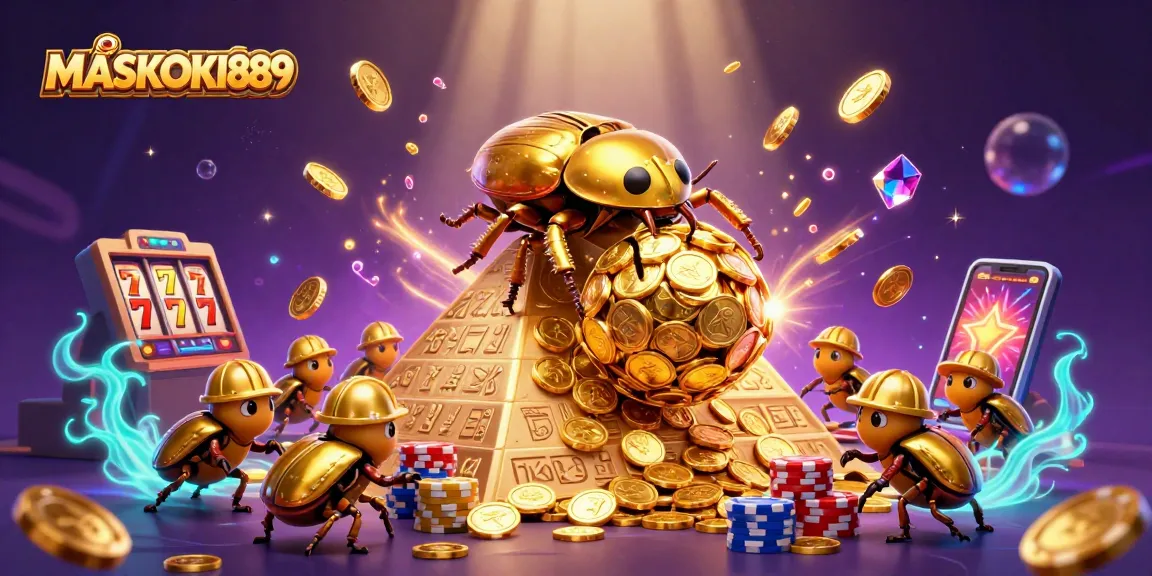 Experience thrilling wins at MASKOKI889 with vibrant slots and gold coins cascading from above.