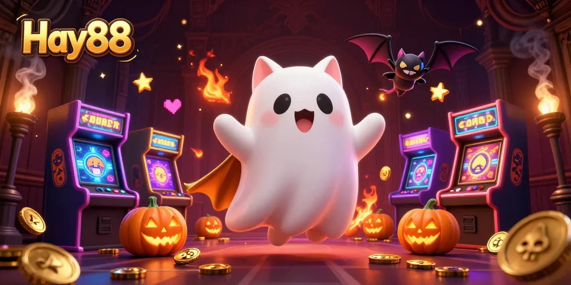 Engage with Hay88’s exciting casino games featuring ghost characters and glowing arcade elements.