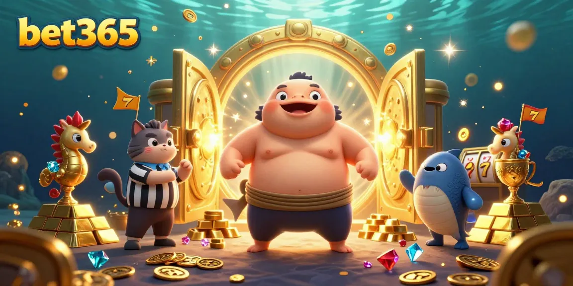 Experience thrilling action with bet365 as a fugu sumo champion surrounded by underwater treasures in a vibrant casino scene.