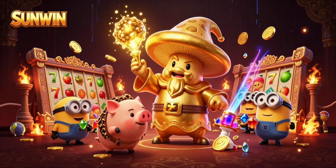 SUNWIN players immerse in a vibrant 3D casino scene filled with golden treasures and slot games