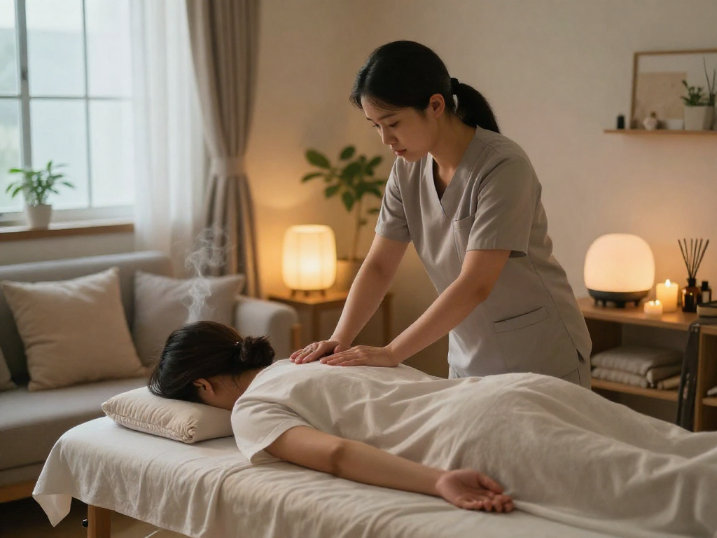 Relaxing 인천출장마사지 scene in a cozy home, featuring a therapist at work.