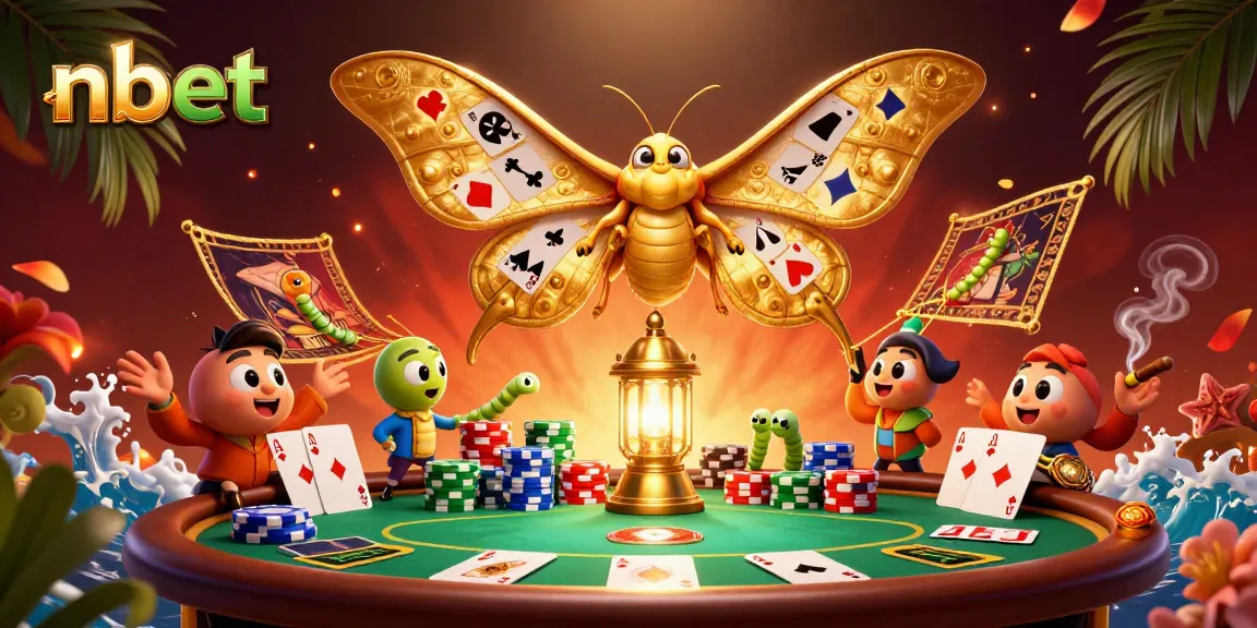 Join the excitement with nbet at a vibrant poker scene filled with golden moths and rich casino elements.