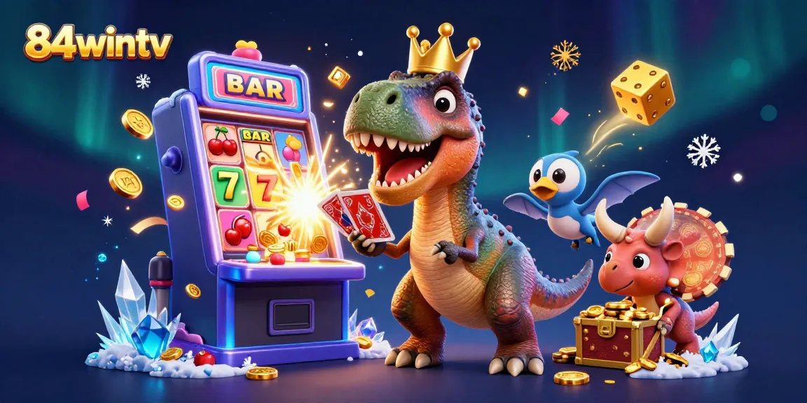 Experience 84wintv's vibrant casino action with a T-Rex shuffling cards and a pterodactyl assisting.