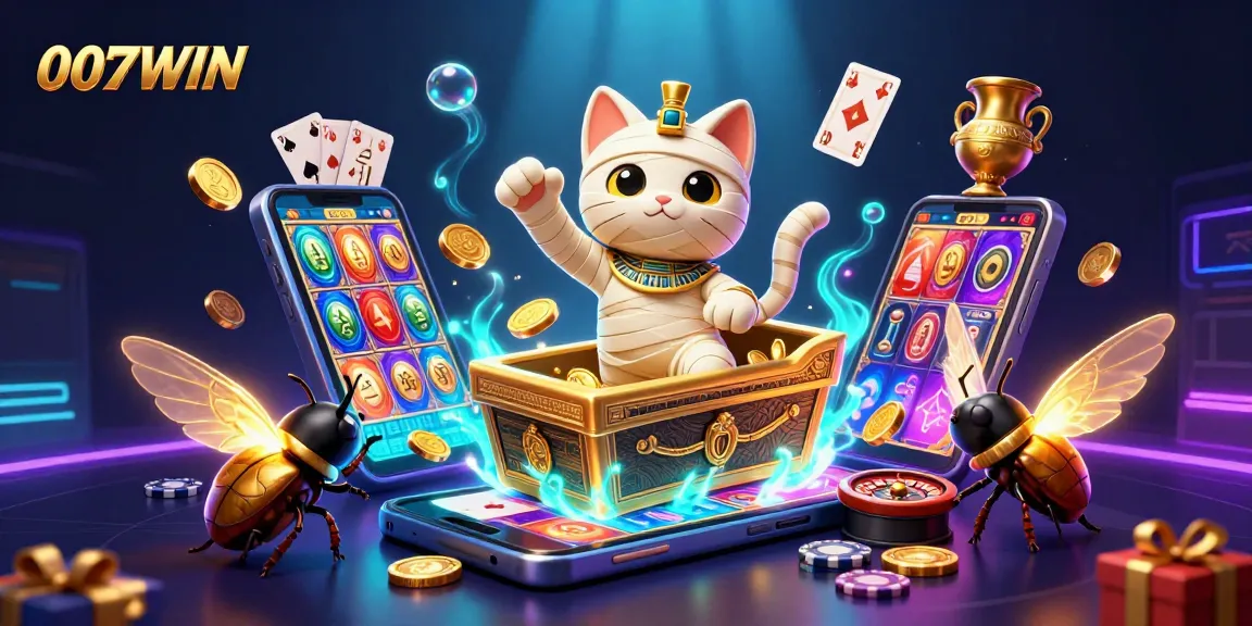Experience thrilling games at 007WIN with a vibrant 3D casino scene featuring an Egyptian mummy cat and slot games.