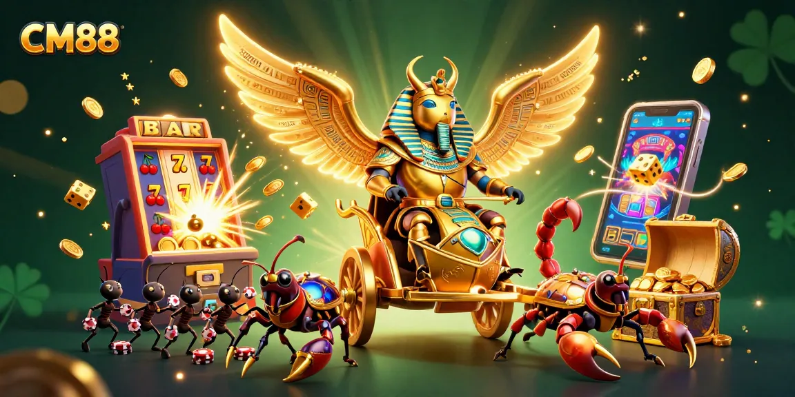 Engage in the thrilling world of CM88 as a golden scarab beetle leads a vibrant casino adventure.
