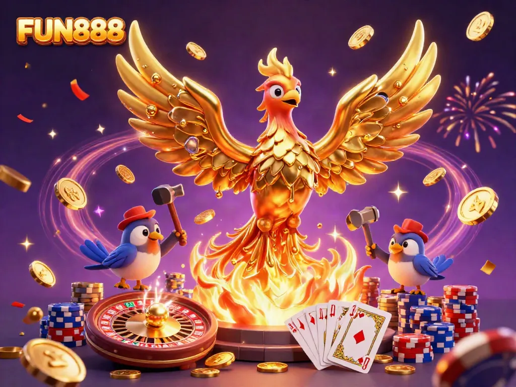Experience FUN888 with a stunning illustration showcasing a golden phoenix amidst cascading coins and dazzling casino elements.
