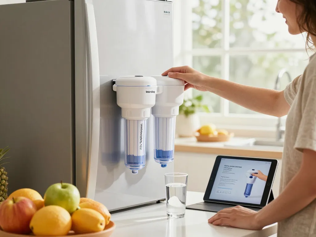 Homeowner installing the Waterdrop XWF Refrigerator Water Filter in a modern kitchen.