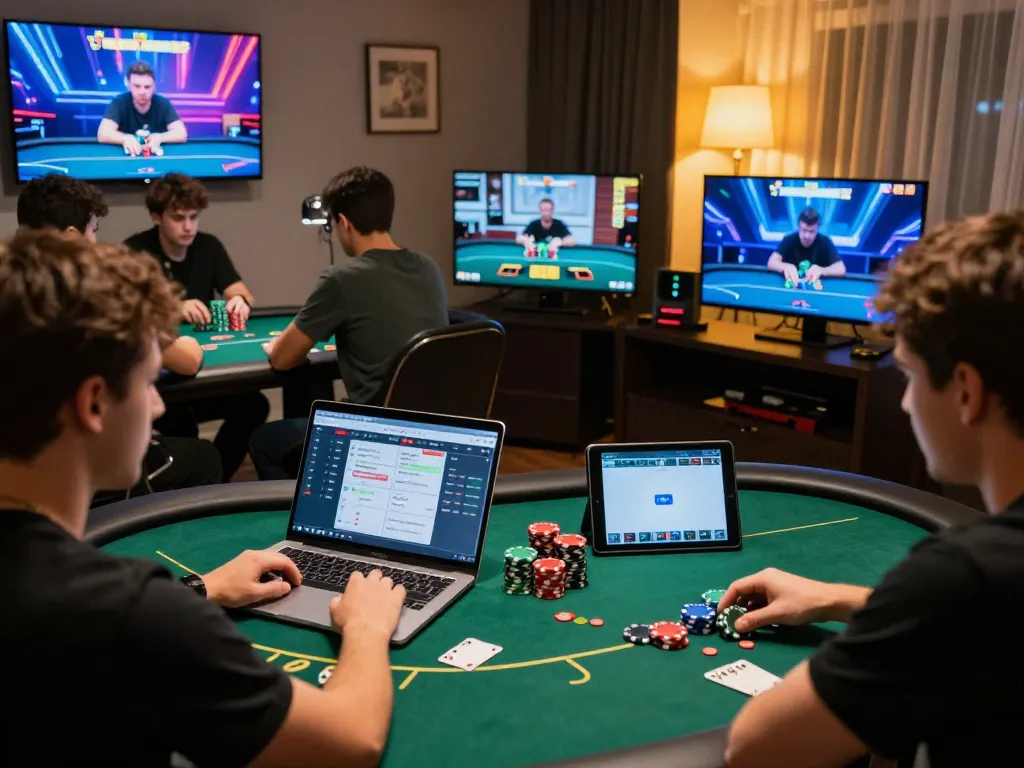 Engaged player strategizing at online poker table via Situs MPOID app on multiple devices