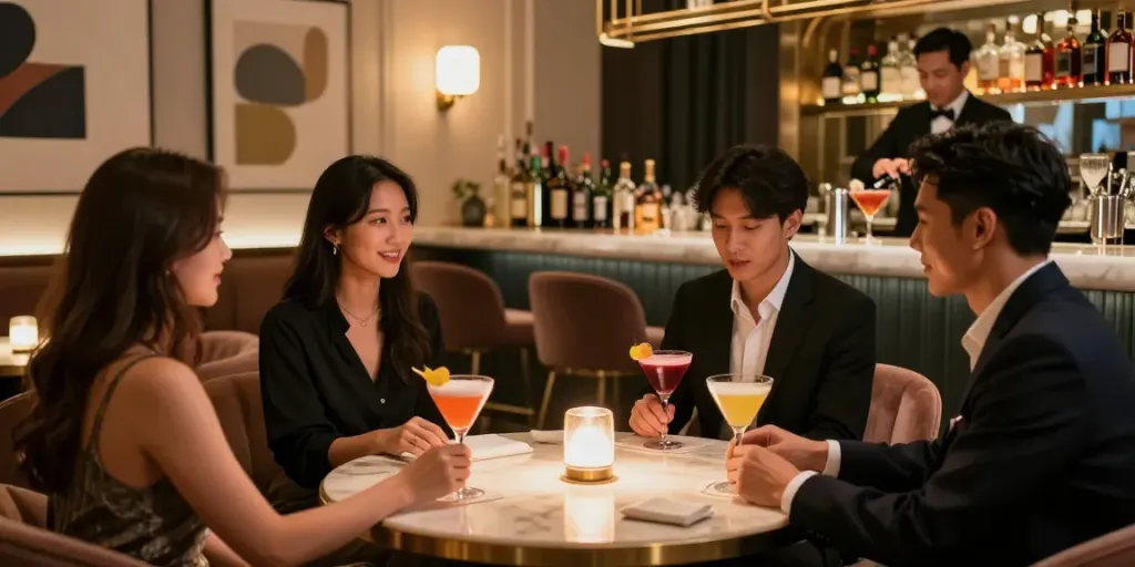 세이렌 쩜오의 세련된 사교장면을 보여주는 이미지, 아늑한 조명과 함께 친구들이 즐거운 시간을 보내고 있습니다.