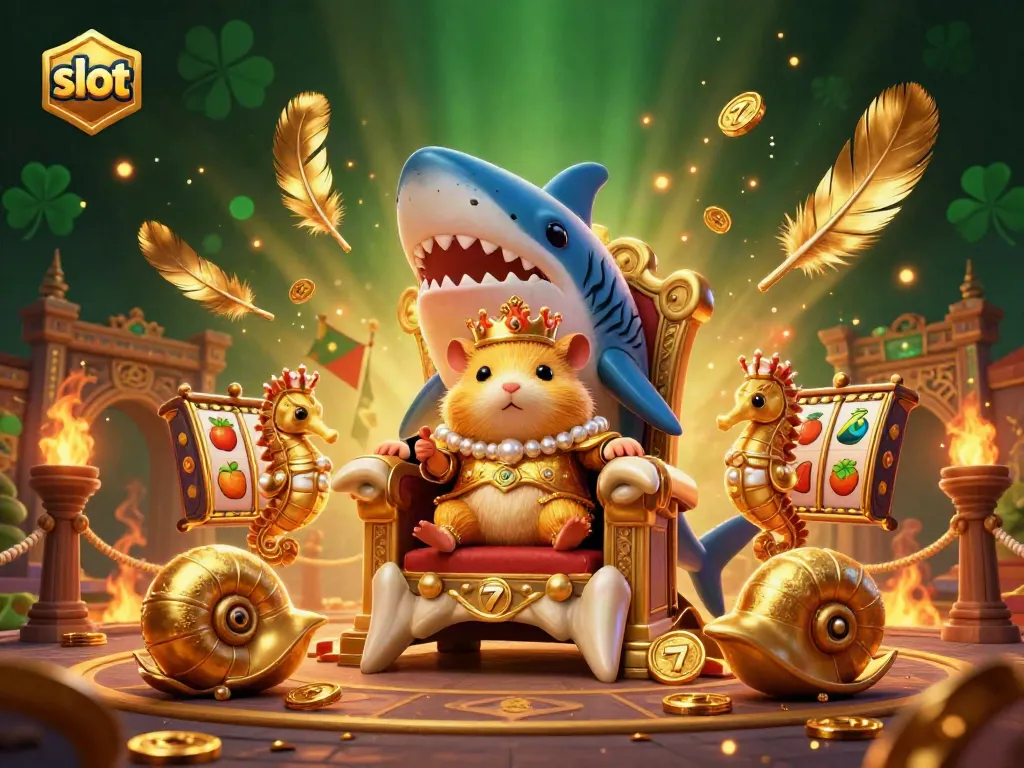 Engage in vibrant slot gameplay featuring a golden hamster king and animated slot elements.