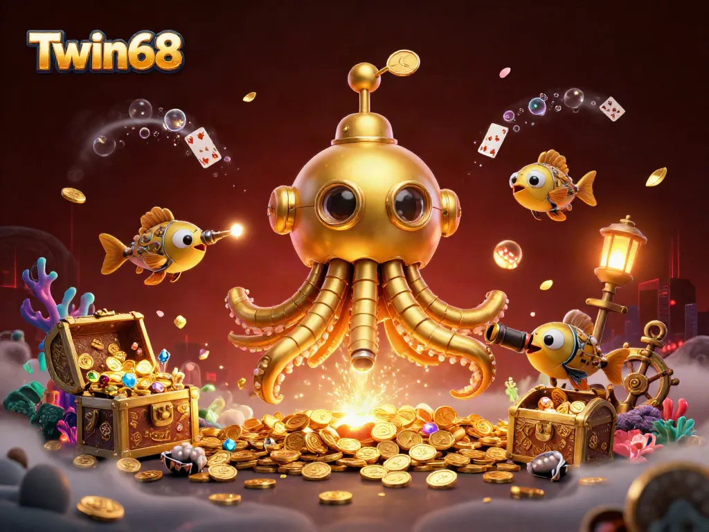 Dive into excitement with Twin68's golden kraken submarine amidst a bounty of treasures and vibrant gameplay elements.