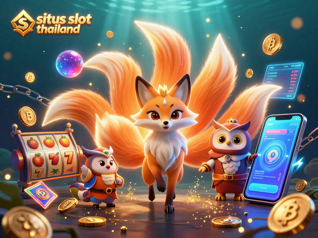 Experience the thrill of situs slot thailand with vibrant 3D characters and dynamic casino elements in this illustration.
