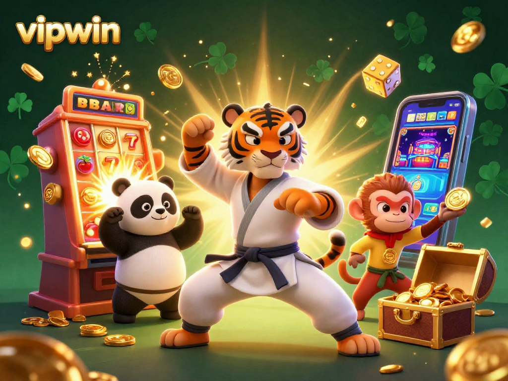 Win big at vipwin with exciting casino games, featuring cartoon characters in a vibrant 3D illustration.