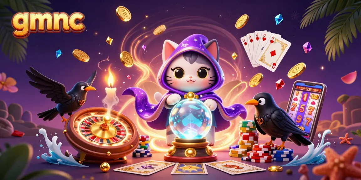 Experience the magic of GMNC with a cartoon fortune teller, tarot raven, and vibrant casino elements.