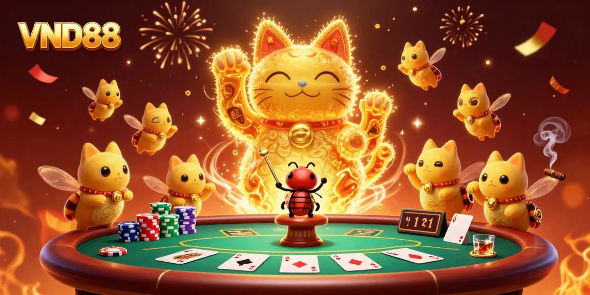 Engage with the vibrant atmosphere of VND88 featuring a lucky cat symbol in an exciting casino scene.