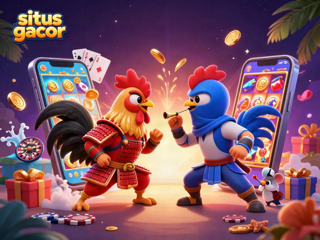 Situs gacor showcases a colorful 3D illustration of rooster warriors and dynamic casino elements, enhancing your gaming adventure.