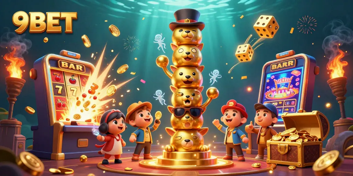 Experience the vibrant world of 9BET with thrilling slots and colorful characters in this dynamic casino scene.