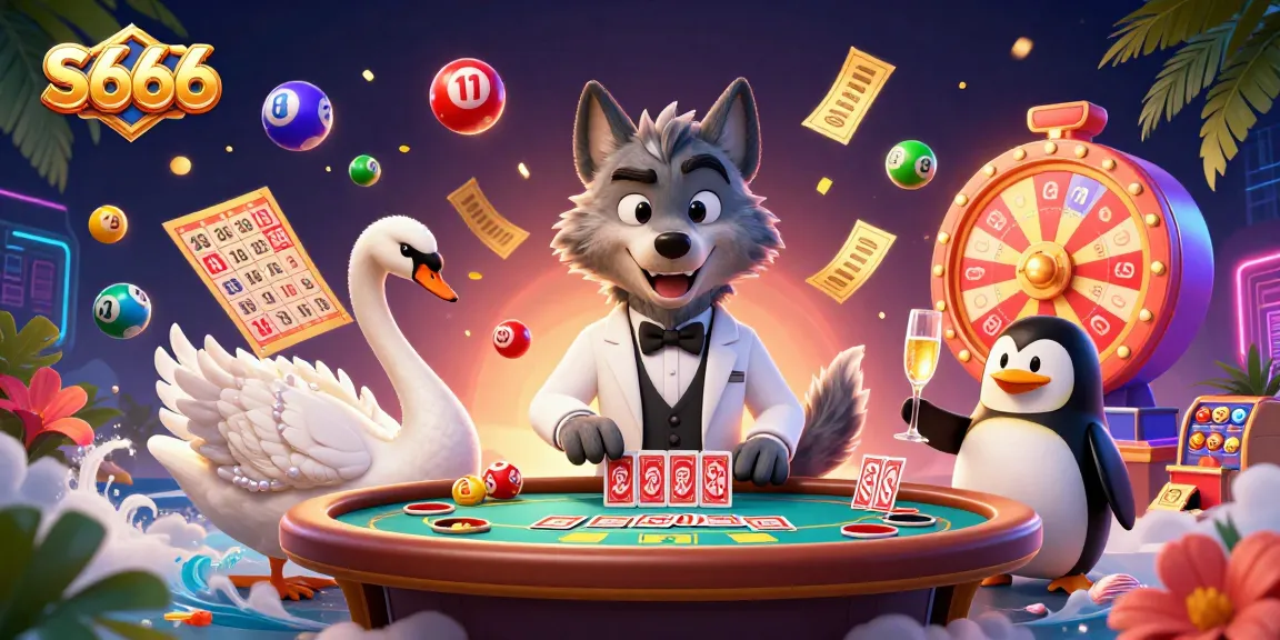 S666 gamers celebrate as a 3D cartoon wolf, swan, and penguin enjoy vibrant casino excitement.