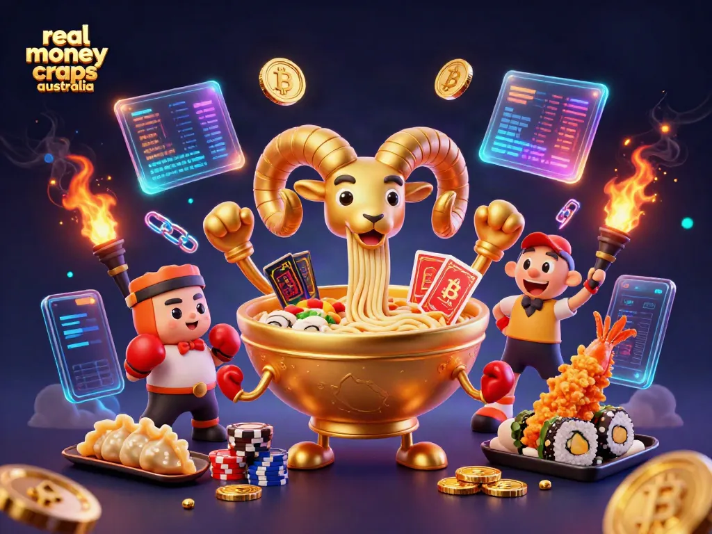 Experience real money craps Australia with a vibrant scene of animated characters and casino elements.