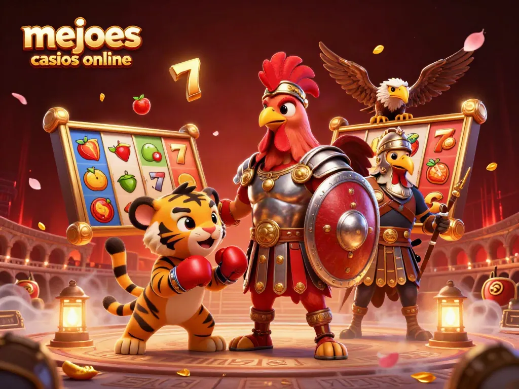 Visualiza los mejores casinos online con un gallo gladiador y un tigre, en un ambiente lleno de acción.
