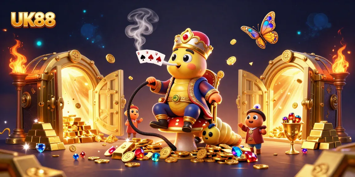 Engage with UK88's captivating casino experience, featuring a whimsical caterpillar in a lavish setting.