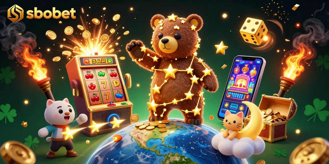 Taruhan sbobet dengan bintang emas mengumpulkan koin dari mesin slot yang mengeluarkan jackpot dalam ilustrasi kasino.