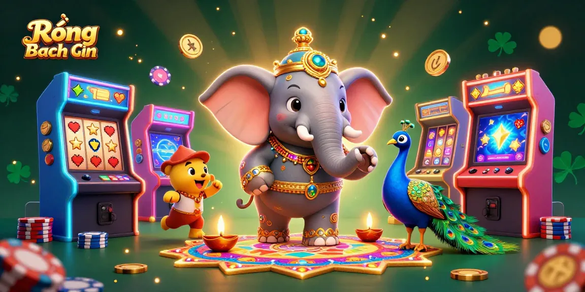 Spin the reels with Rồng Bạch Kim for your chance to win big in this vibrant casino-themed illustration.