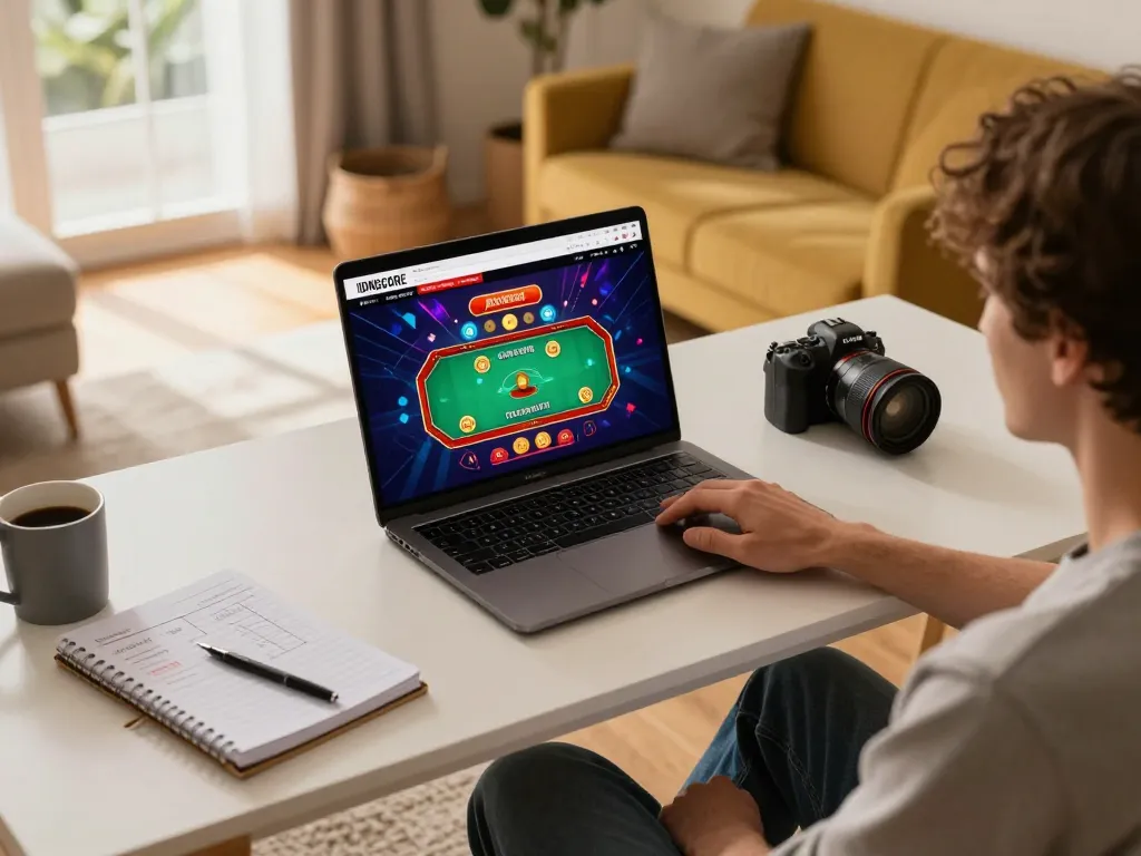 IDNSCORE RESMI interface displayed on a laptop highlighting online casino strategy games and interactive features.