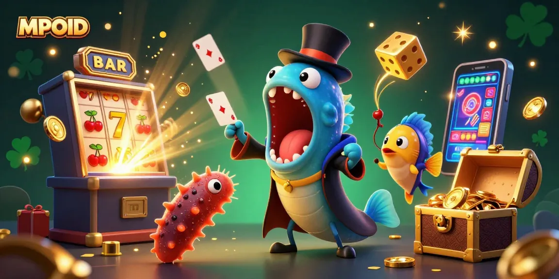 MPOID offers thrilling gambling experiences with a vibrant casino-themed illustration featuring dynamic characters.