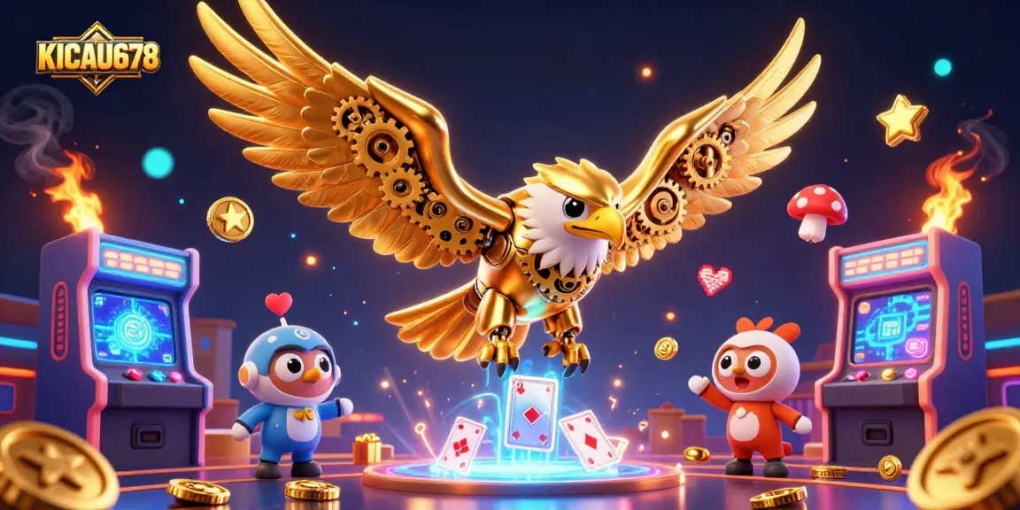 KICAU678 showcases a vibrant 3D illustration of a golden eagle diving through holographic cards with gaming elements.