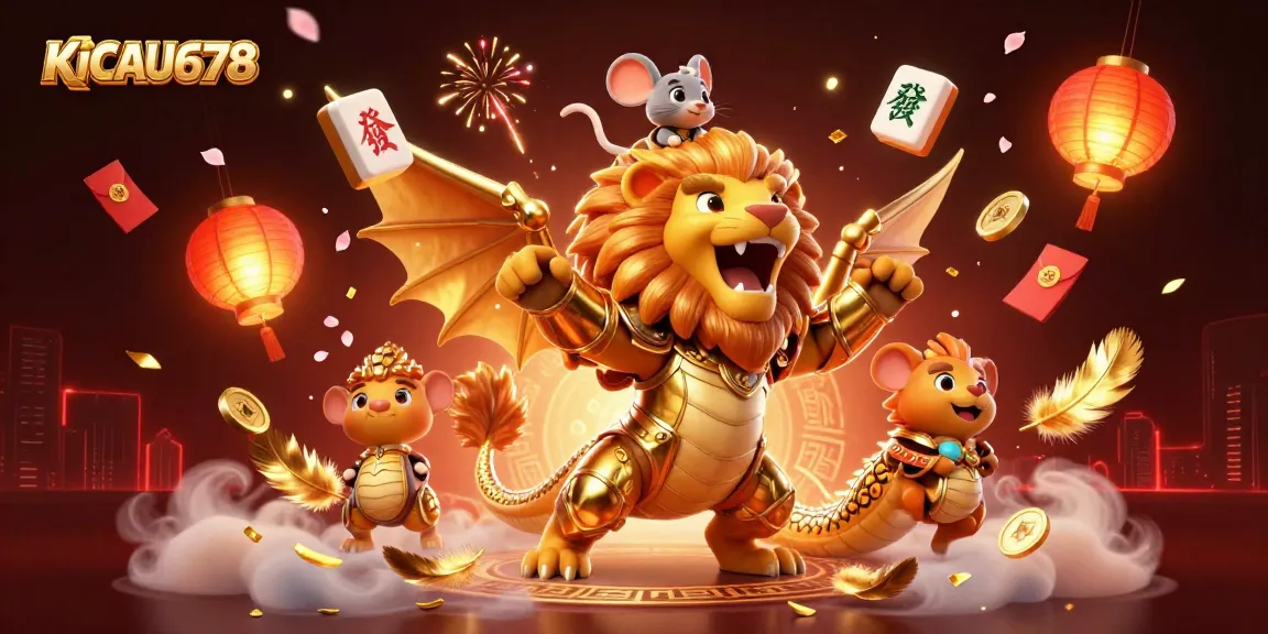 KICAU678 showcases an animated chimera with a mouse jockey amidst vibrant casino-themed elements.