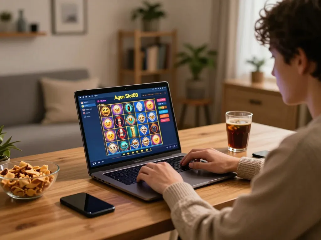 Agen Slot88 online gaming scene with a player engaged at home, showcasing colorful slot interface and cozy setup.