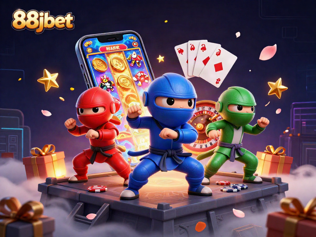 Engage with dynamic 88jbet action featuring ninja chameleons amidst a vibrant casino atmosphere.