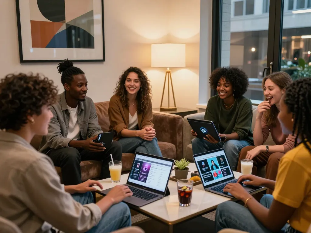 Group discussing ai sex technology in a modern lounge setting, showcasing engaging conversation and interaction.