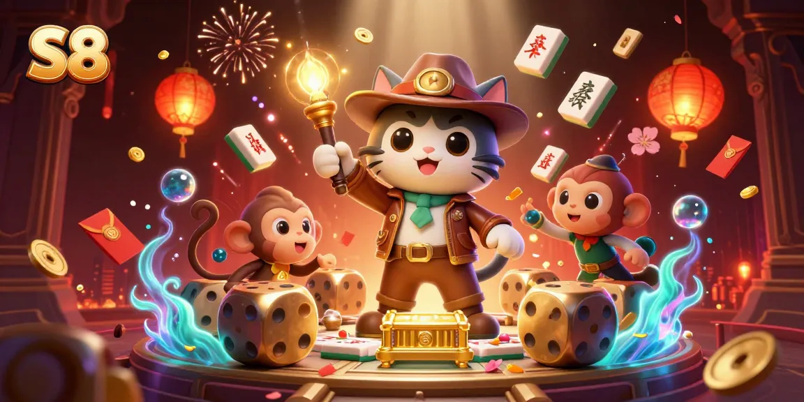 S8 promotes winning gameplay with a vivid 3D casino scene featuring unique characters and dynamic elements.