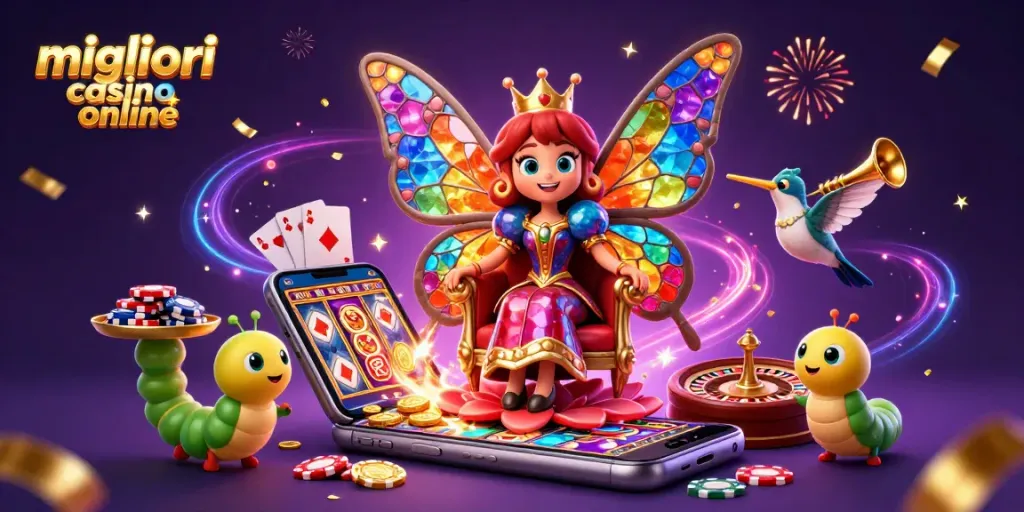 Giocare nei migliori casino online con bonus e giochi entusiasmanti in un'illustrazione animata.