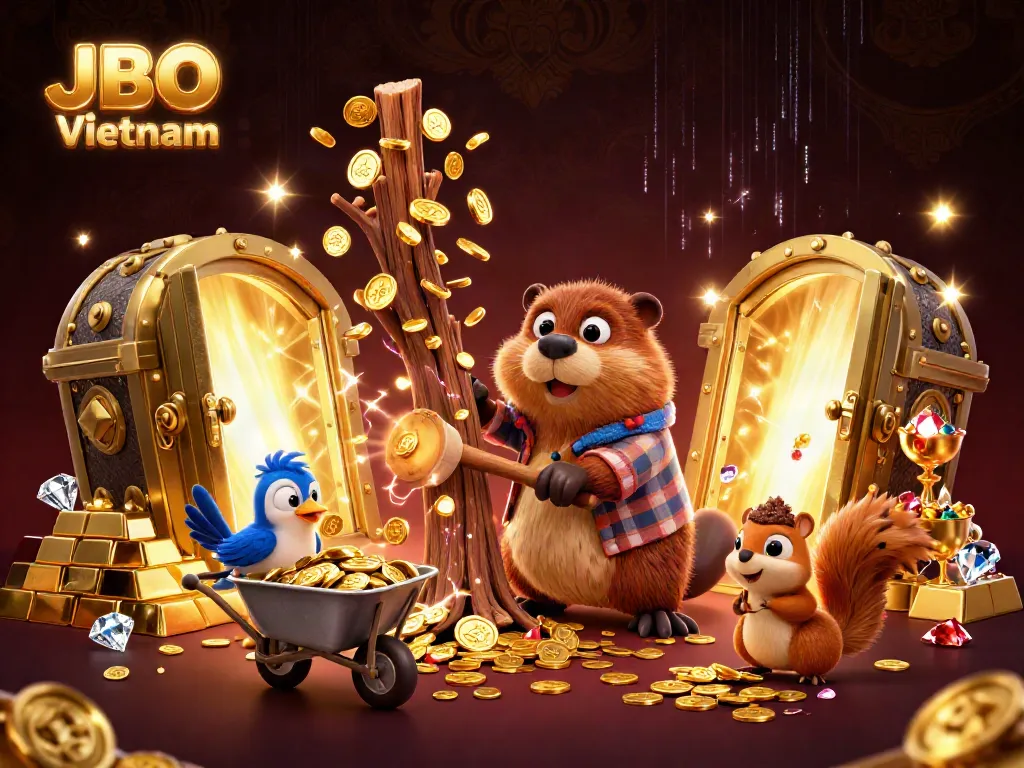 Experience the excitement of JBO Vietnam with a dynamic casino scene featuring animated characters collecting gold coins amidst a treasure-filled backdrop.