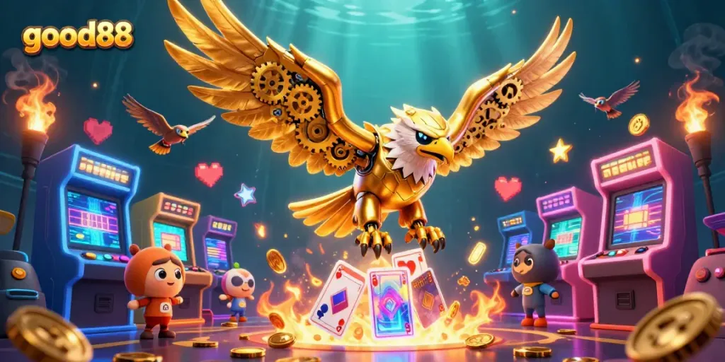 Experience thrilling wins at good88 with a captivating 3D casino illustration showcasing exciting gaming elements.