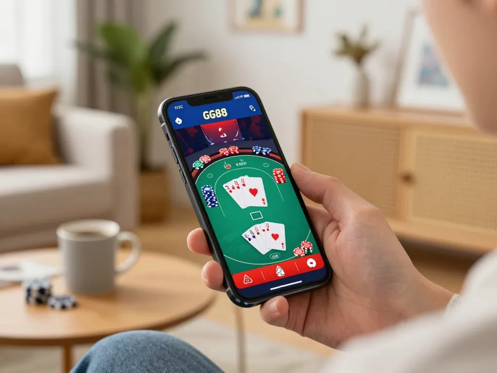 Player exploring the GG88 mobile app for poker gameplay in a cozy home setting