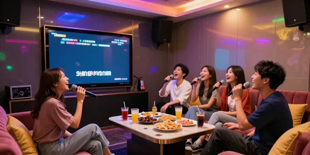 강남 달토 가라오케에서 친구들이 즐겁게 노래하는 모습