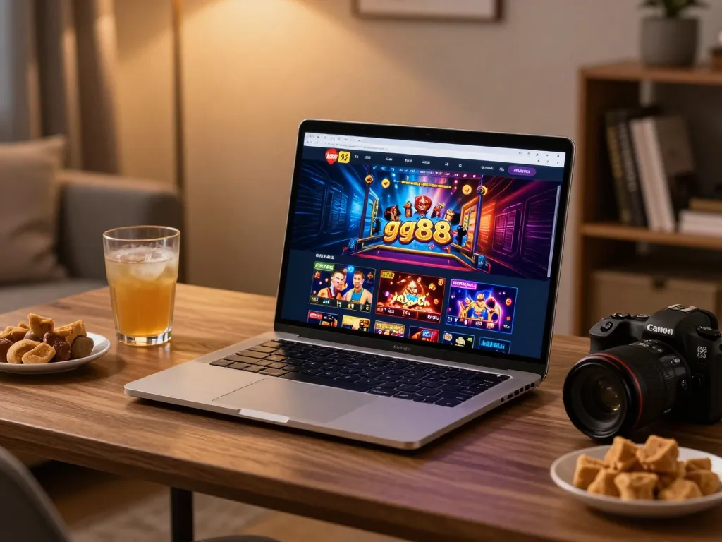 Engaging with link gg88 on a laptop showcasing various casino games in a cozy home setting.