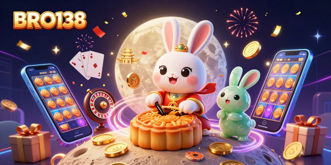 Experience the excitement of BRO138 with a vibrant scene of a moon rabbit revealing poker chips in an engaging gambling illustration.