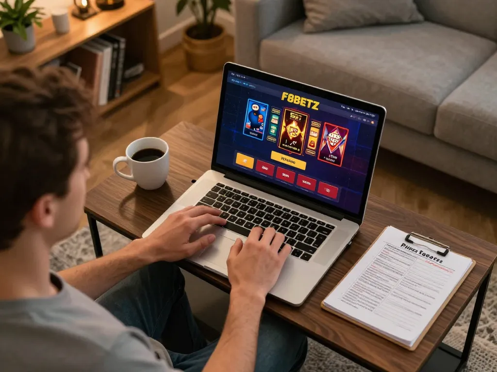 Engaging online gaming at home with F8BETZ interface visible on laptop, warm cozy setting.