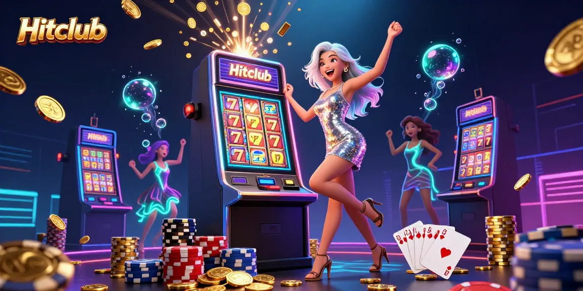 Experience Hitclub's thrilling jackpots with a glamorous celebration in a neon casino world.