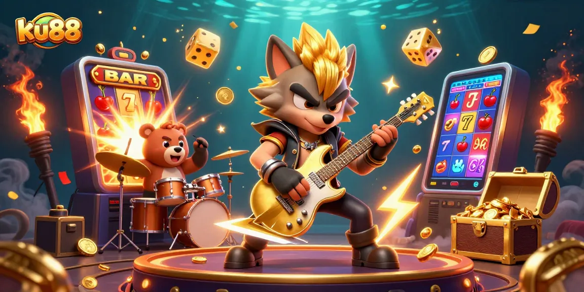 ku88 showcases a vibrant casino scene with a rock star wolf and jackpots bursting, creating excitement.