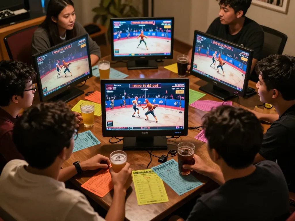 Live action of trực tiếp đá gà engaging friends in a cozy betting atmosphere with vibrant screens displaying cockfighting matches.