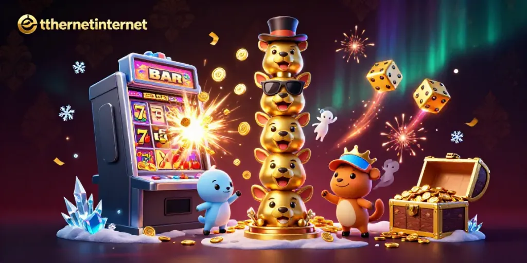 Engage with ethernetinternet through vibrant casino scenes featuring animated characters and thrilling slot machines.