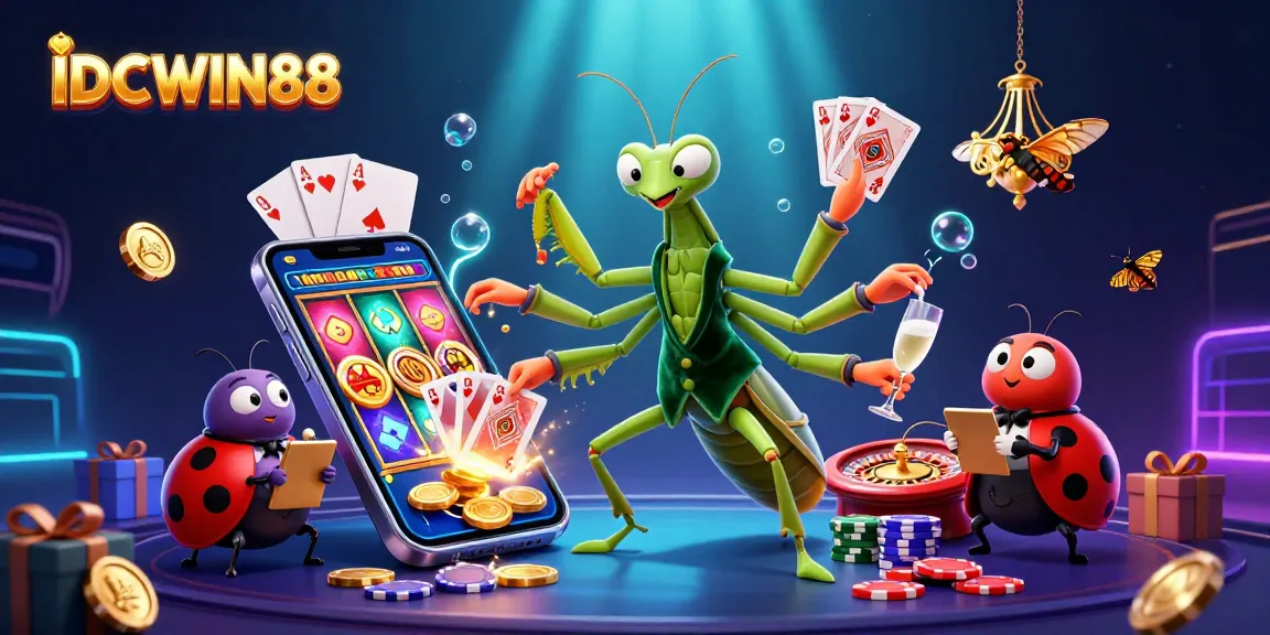 Engage with IDCWIN88 as a giant praying mantis card sharp serves champions in an ultra-detailed casino scene.